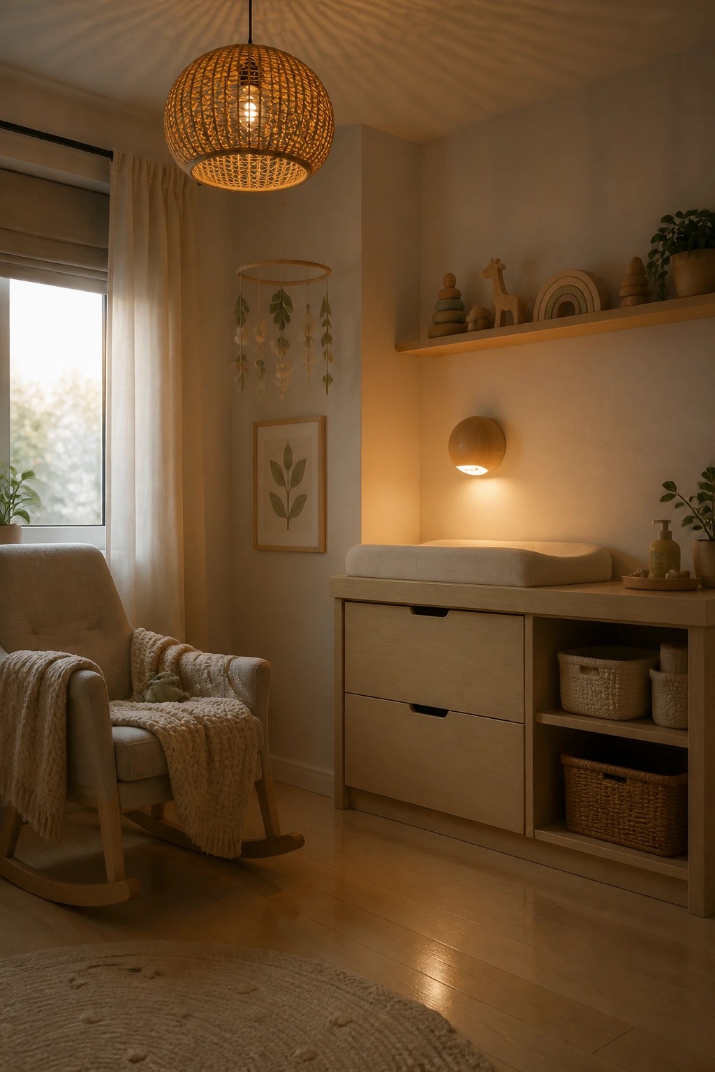 A cozy nursery corner featuring a light wood rocking chair with a knit blanket, a wooden changing table with storage baskets, a large woven pendant light, and a wall sconce providing warm illumination.