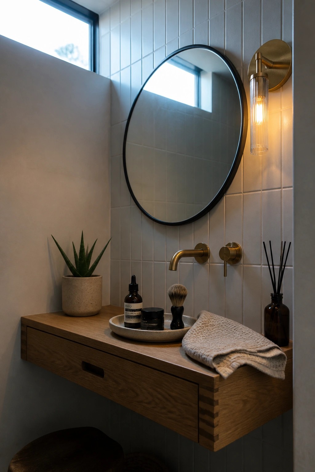 A floating wooden shelf with a drawer holds a potted plant, toiletry bottles on a tray, a brush, a folded towel, and a reed diffuser beneath a round mirror in a tiled bathroom.