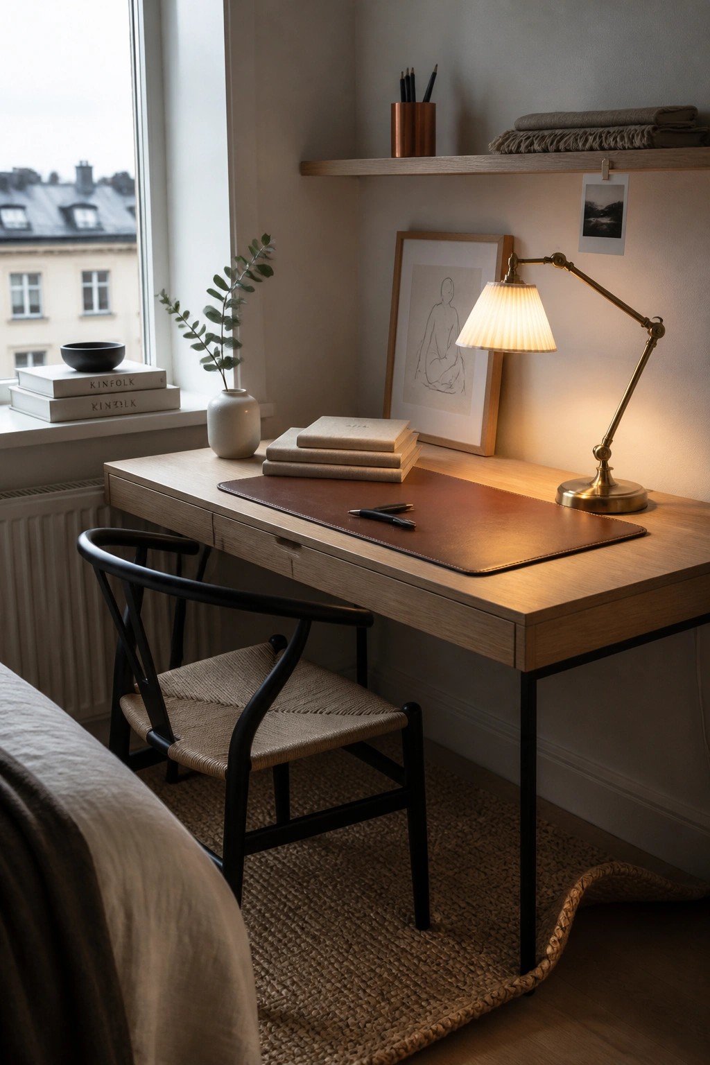 A light wood desk with a brown leather desk pad, brass lamp, stacked notebooks, and black wishbone chair beside a window.