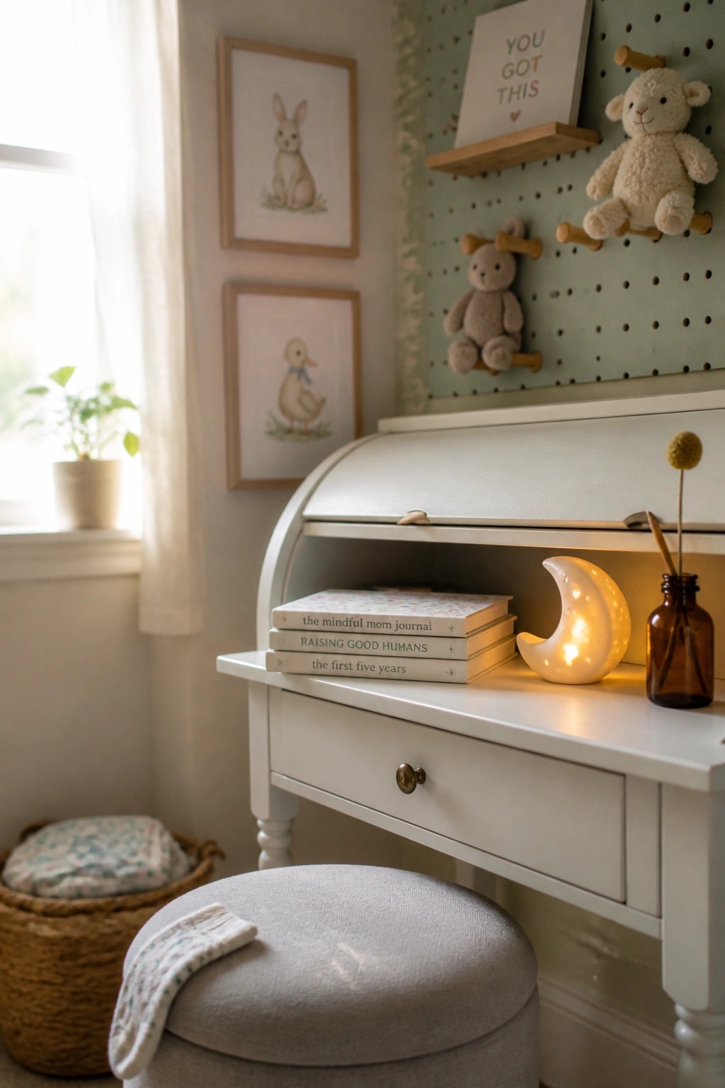 A white roll-top desk holds a stack of three books, a lit crescent moon lamp, and a small brown bottle with a single stem, while a mint green pegboard above displays two stuffed animals and a small sign.