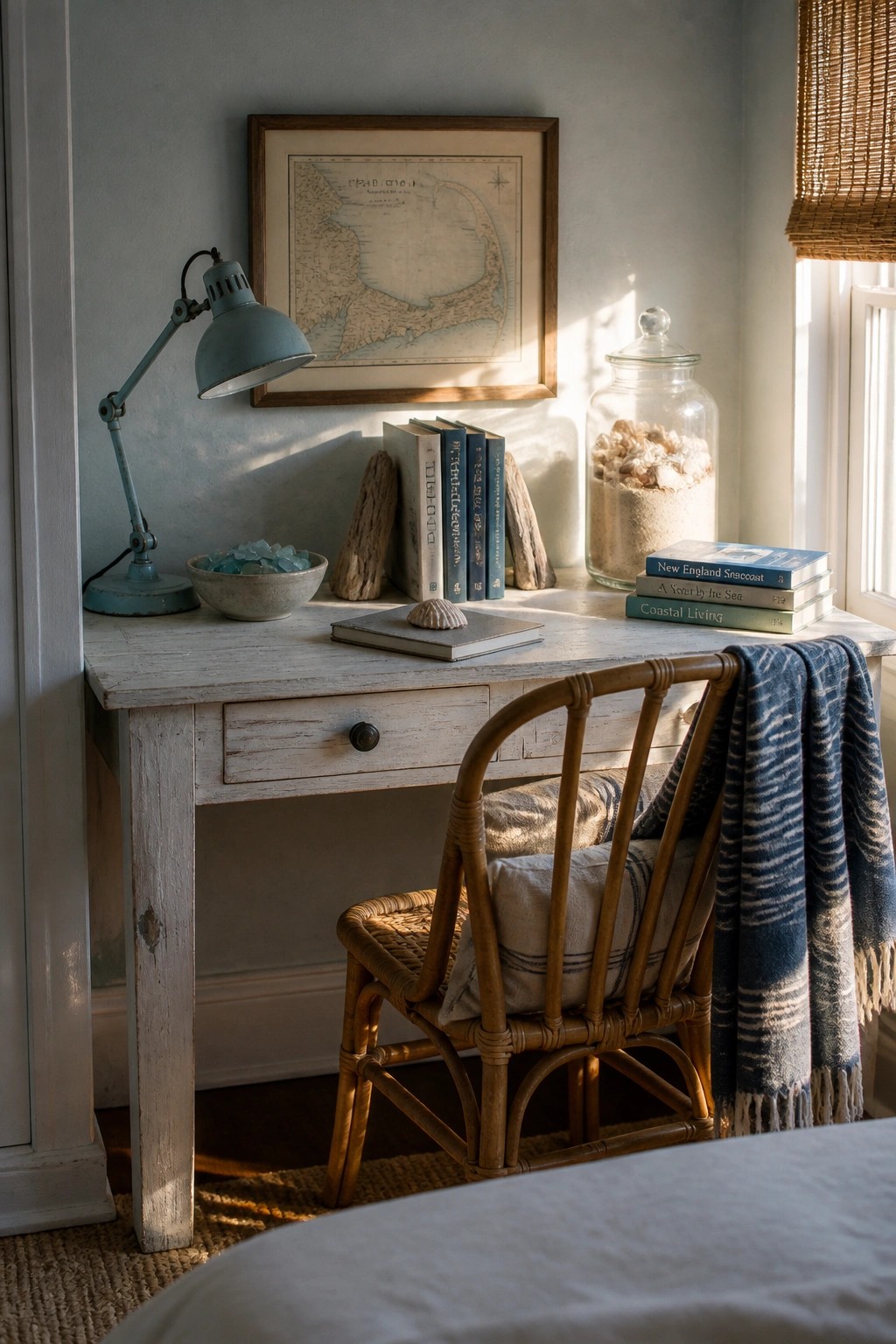 A whitewashed desk holds a blue lamp, books between pieces of driftwood, a small shell, a bowl of sea glass, and a glass jar of sand next to a rattan chair.