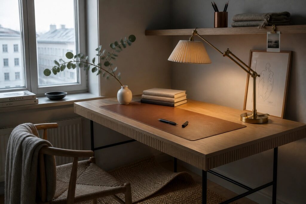 19 Charming Desk Decor Ideas That Add Personality Without Distraction A light wood desk with a brown leather desk pad, brass lamp, stacked notebooks, and black wishbone chair beside a window.