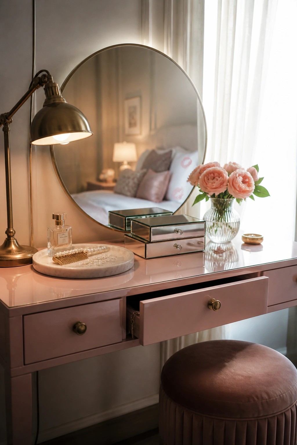 A pink vanity desk with a round mirror above it, a lit brass lamp on the left, a marble tray holding a perfume bottle and comb, stacked mirrored boxes, and a vase of pink flowers on the right.