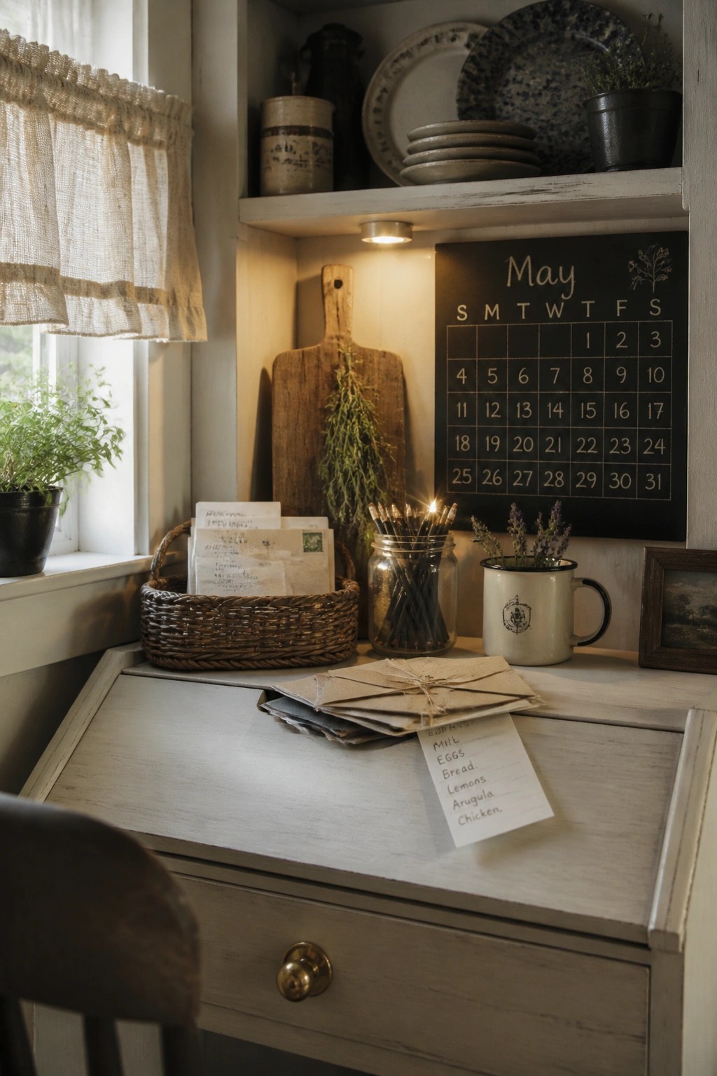 A light wood desk with a black chalkboard calendar for May mounted on the wall above it, a wicker basket of mail, and a glass jar of pencils on the desk.