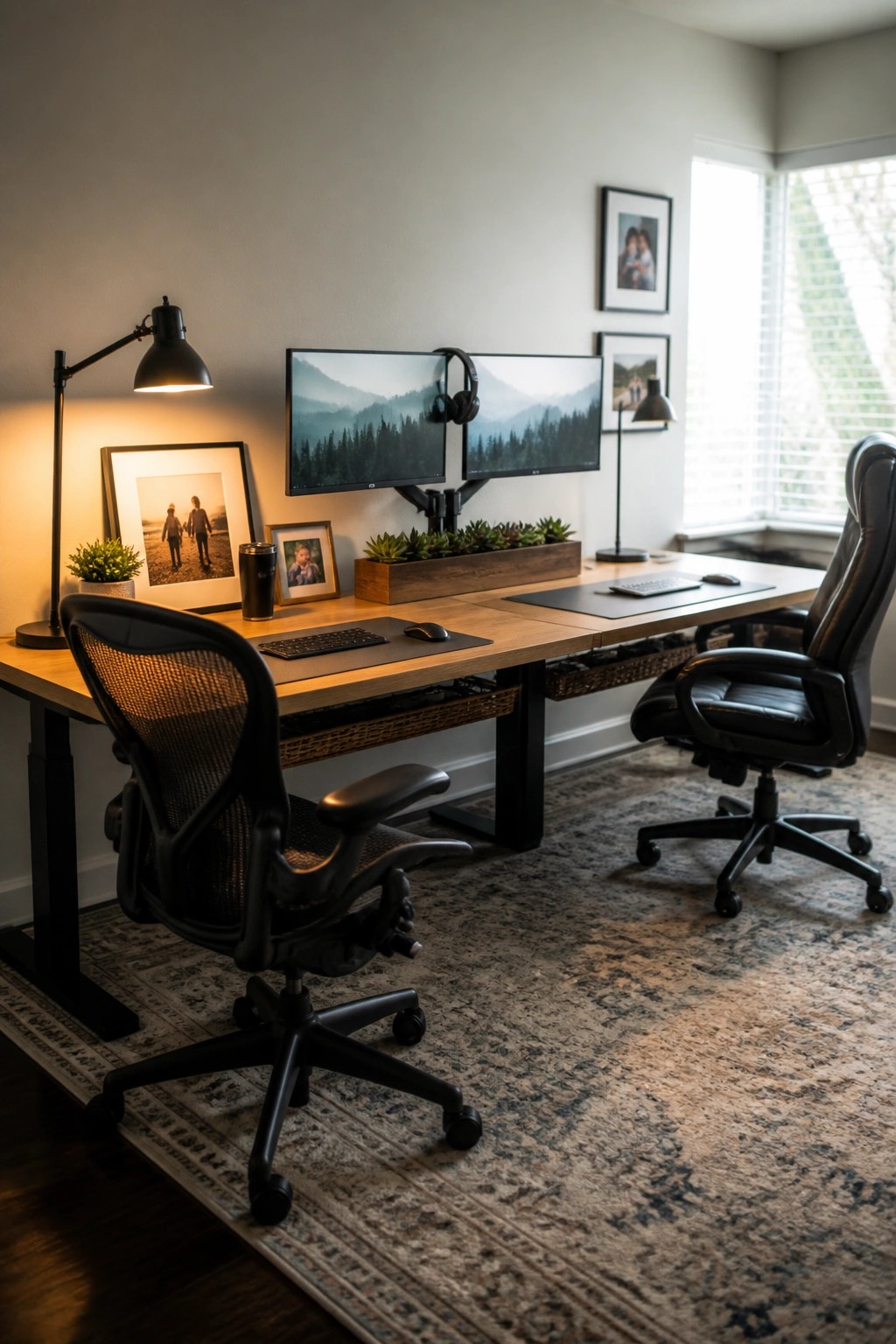 A home office with a long wooden desk holding dual monitors, two black office chairs, framed photos, a small succulent planter, and desk lamps on a patterned rug.