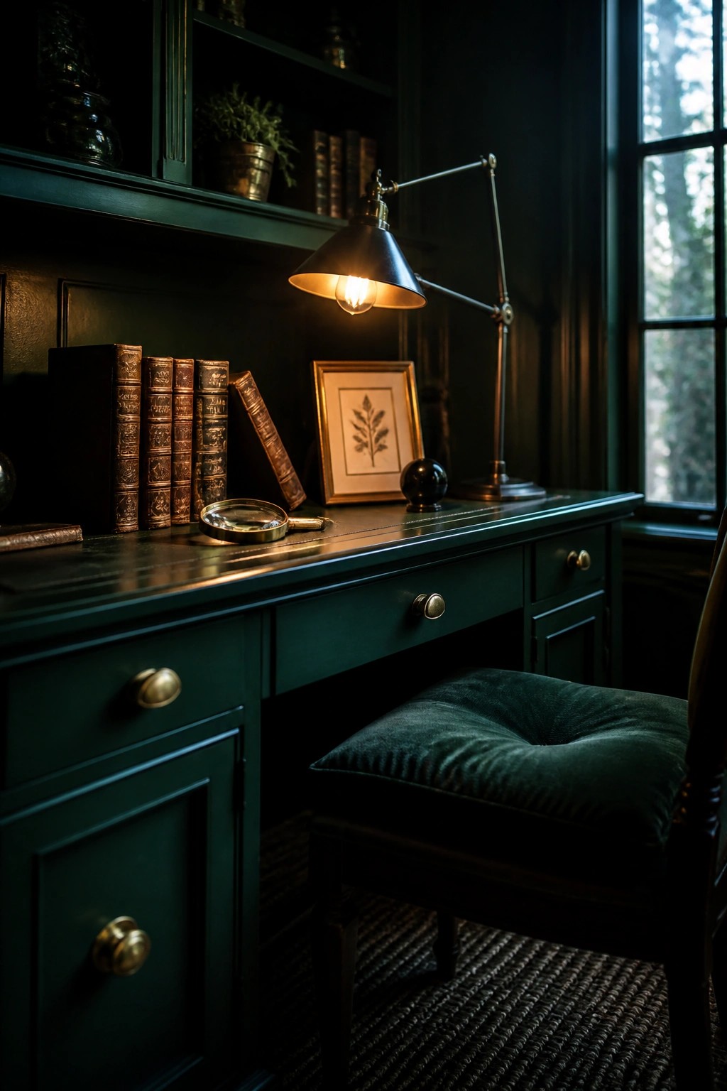 A dark green built-in desk holds a stack of old books, a brass task lamp, a magnifying glass, and a small framed botanical print.