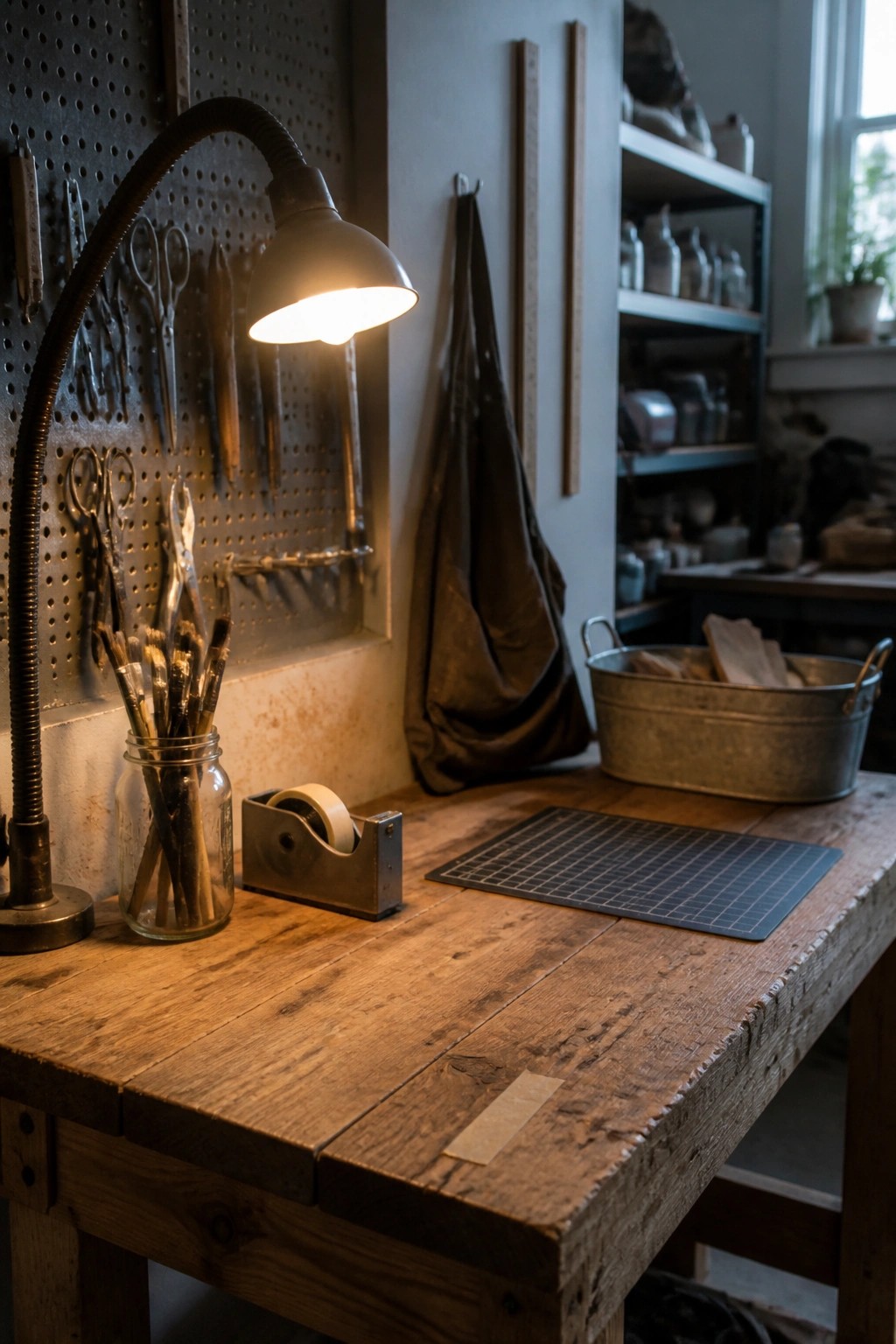 A wooden desk with a lit black gooseneck lamp, a jar of brushes, tape dispenser, and pegboard with tools in the background.