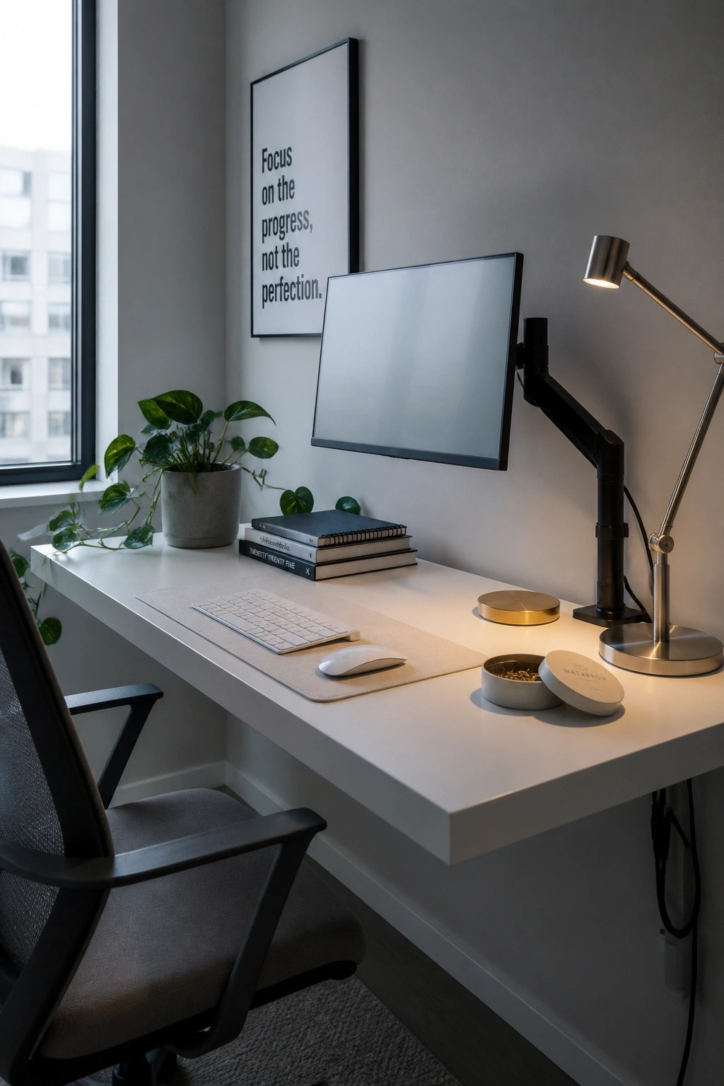 A white desk in a corner with a computer monitor on an arm mount, keyboard and mouse on a mat, a desk lamp, a potted plant, and a black framed print on the wall.