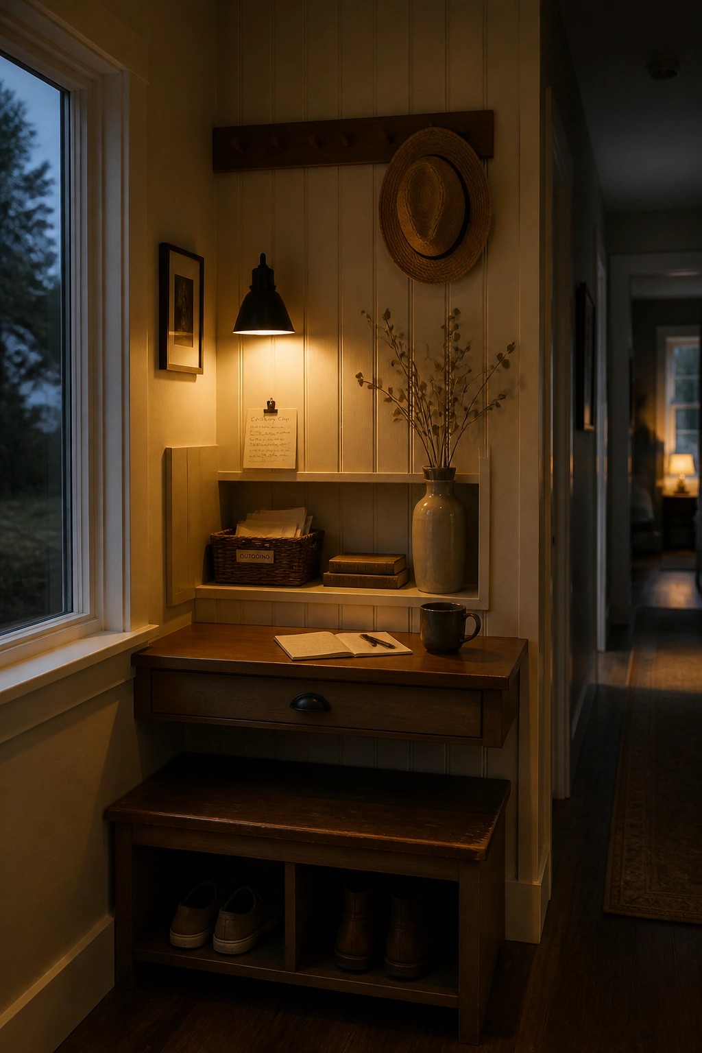 A wooden desk with one drawer sits above a matching bench that has open compartments holding shoes in a paneled interior nook.