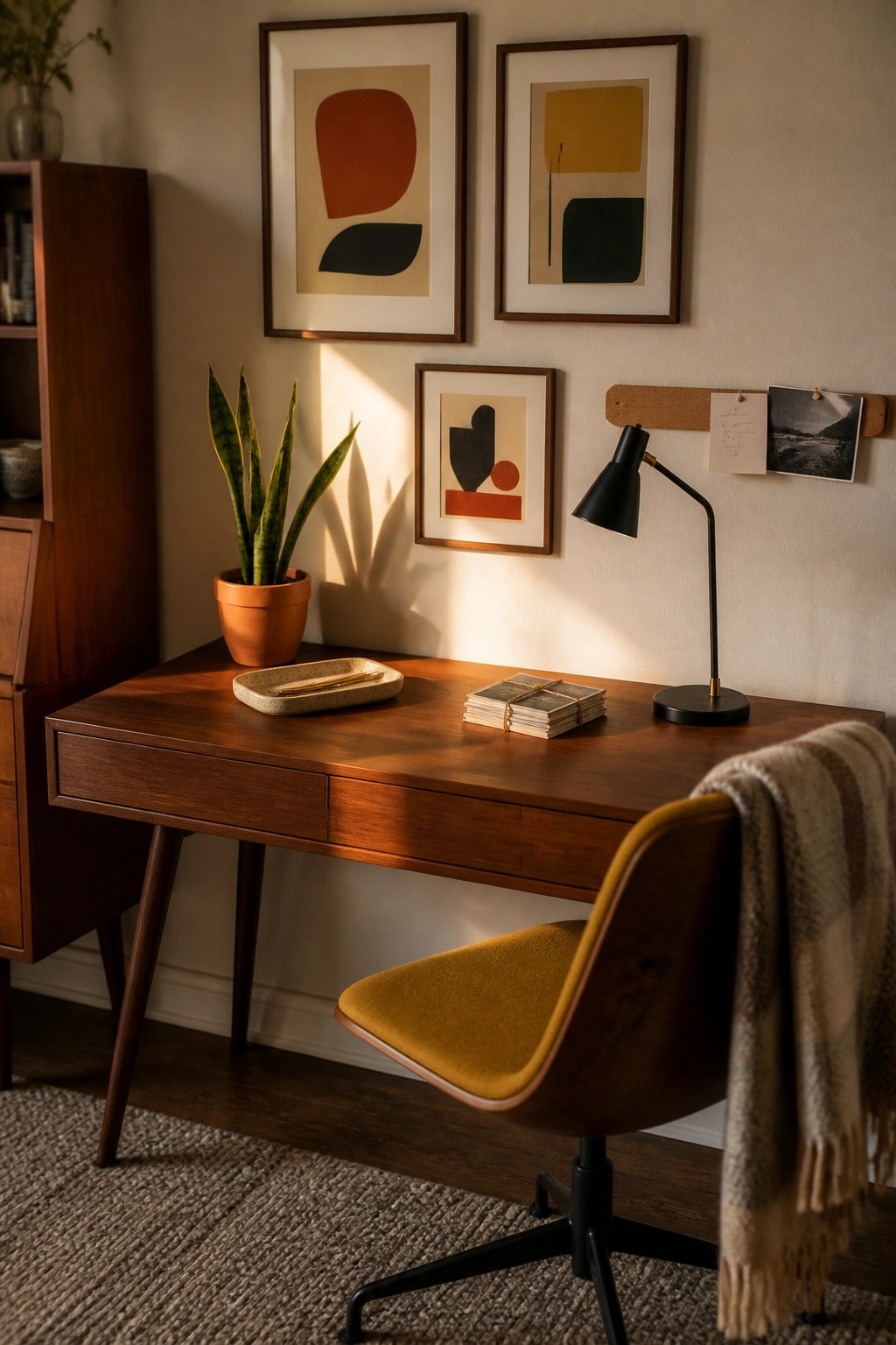 A wooden desk with a yellow upholstered office chair, black desk lamp, stack of books, and a potted snake plant in front of a wall with three framed abstract prints.