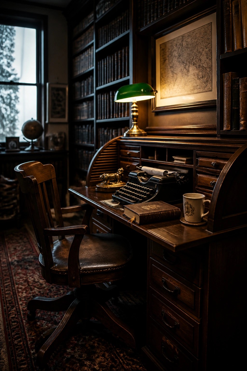 A wooden roll-top desk with a black typewriter, open book, white mug, and green desk lamp sits in front of tall bookshelves in a dimly lit room.