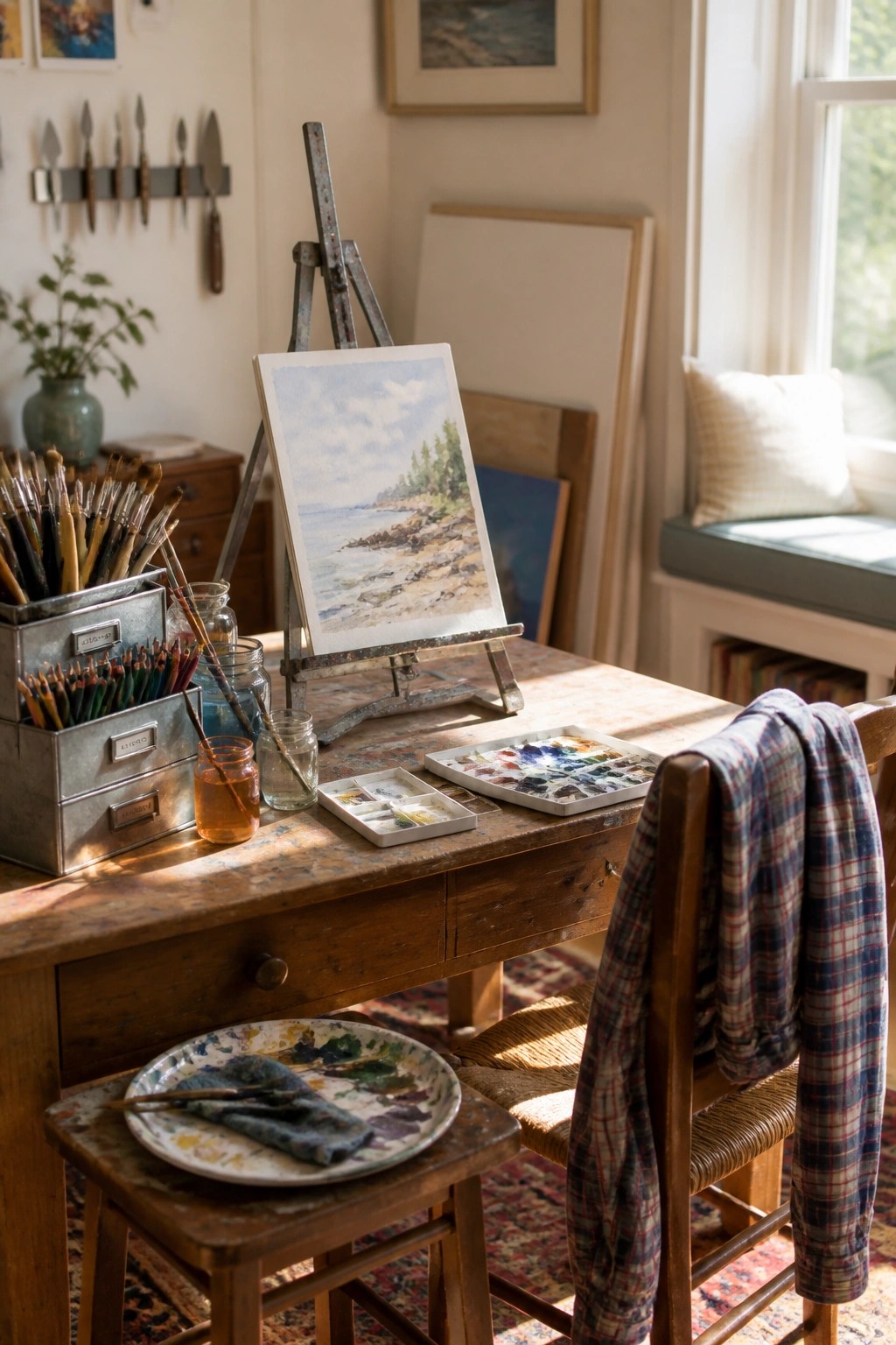 Sunlit wooden table with coastal watercolor on easel, palettes, brushes, and plaid shirt on chair