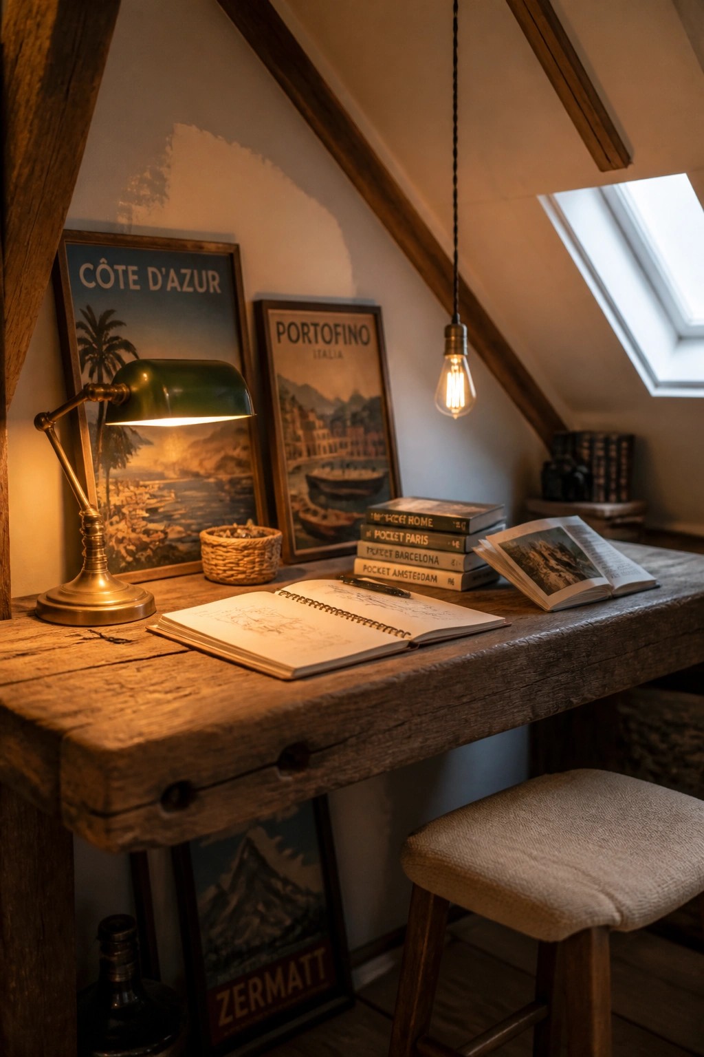 A wooden desk in an attic space with a green desk lamp, open notebook, stack of travel books, and framed vintage travel posters on the wall.
