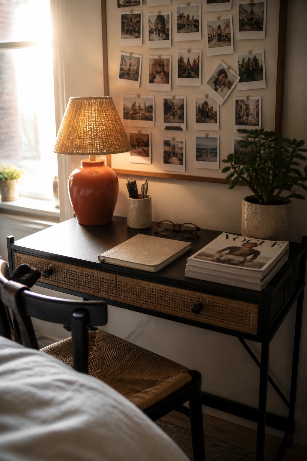 A black desk with an orange lamp, notebook, magazine, and woven chair sits below a wall covered in pinned photos, next to a potted plant near a window.
