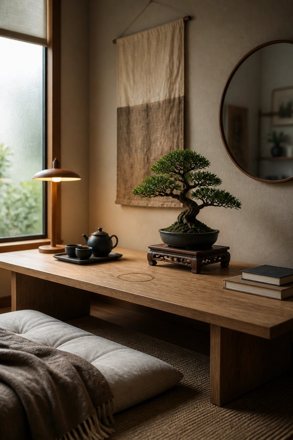 A low wooden desk holds a bonsai tree in a dark pot on a wooden stand, with a tea set, lamp, and stacked books nearby in a calm interior space.
