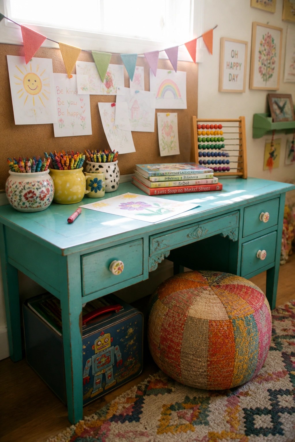 A turquoise desk holds several ceramic pots filled with crayons, with children's drawings pinned to a corkboard above and a stack of books on the right.
