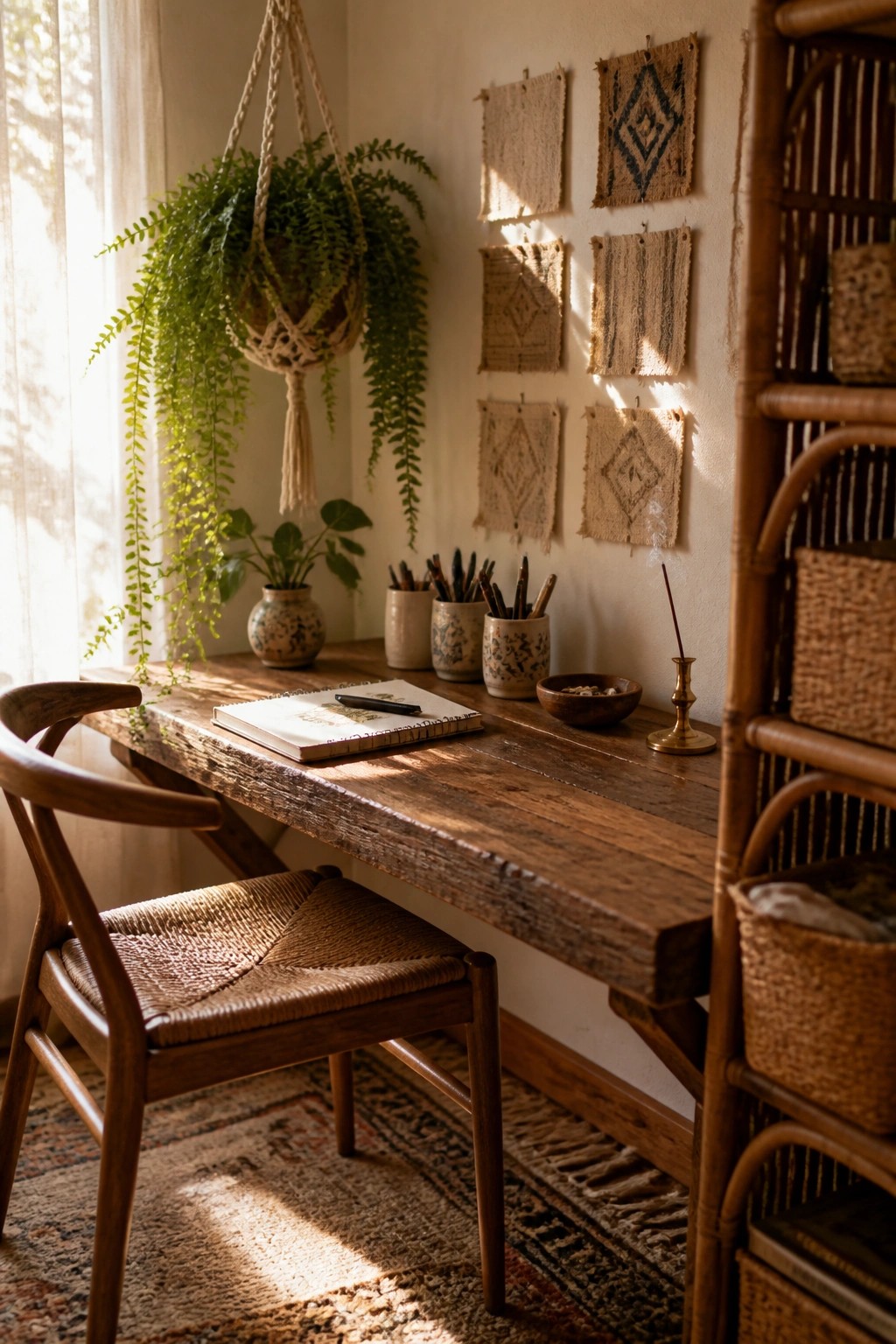 A wooden desk setup with a woven chair, notebook, hanging plant, and small woven wall hangings in a sunlit room.