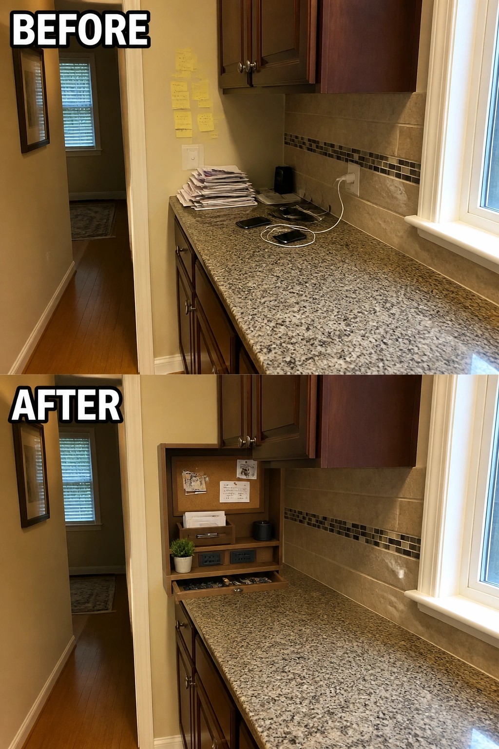 Before-and-after image of a cluttered kitchen counter area transformed by adding a built-in message center with corkboard, shelves, and drawers.