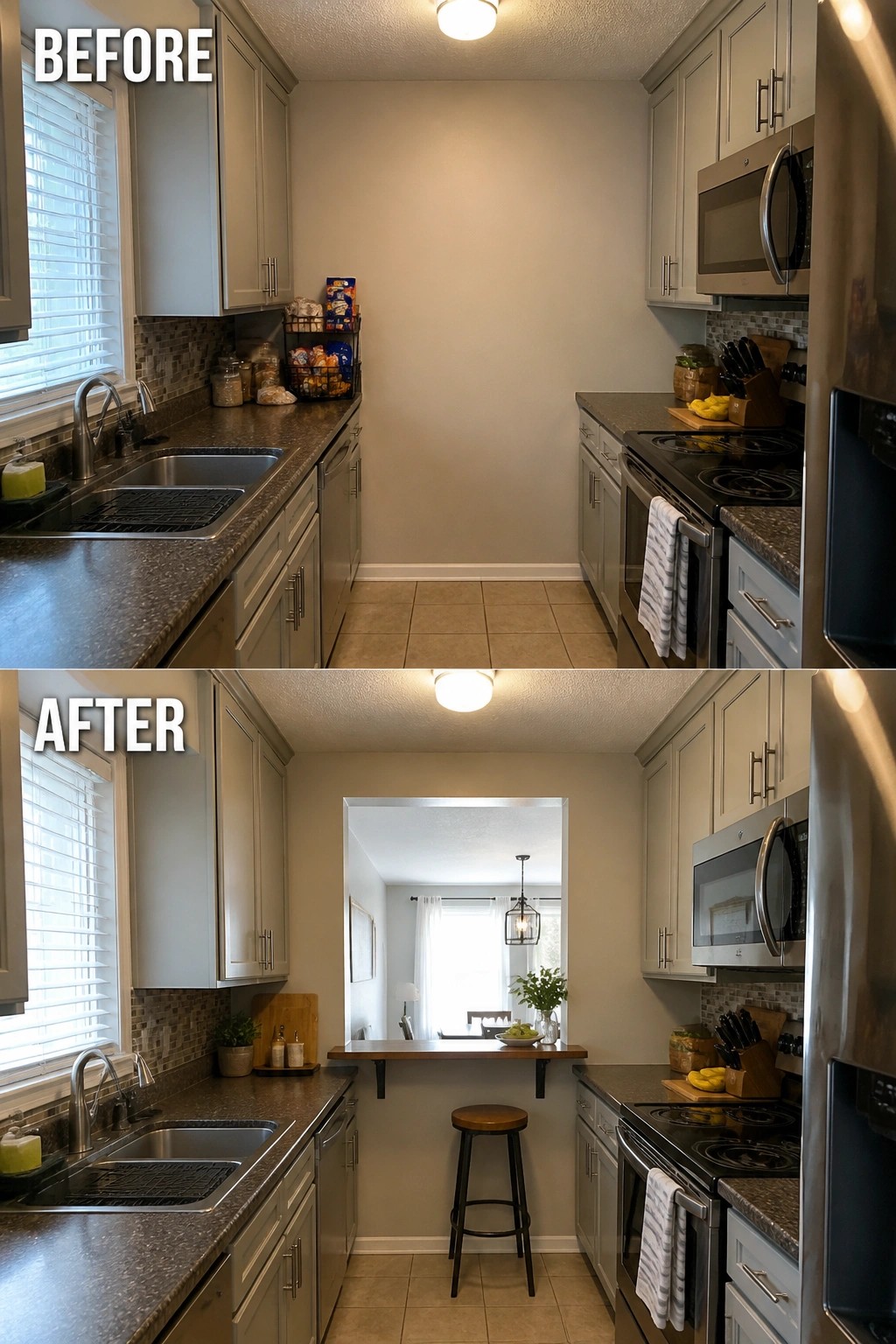 Before-and-after kitchen remodel showing new pass-through with bar counter and stool.