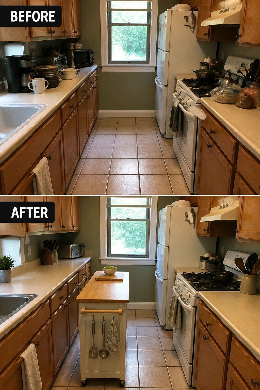 Before and after kitchen with added central rolling island and decluttered counters