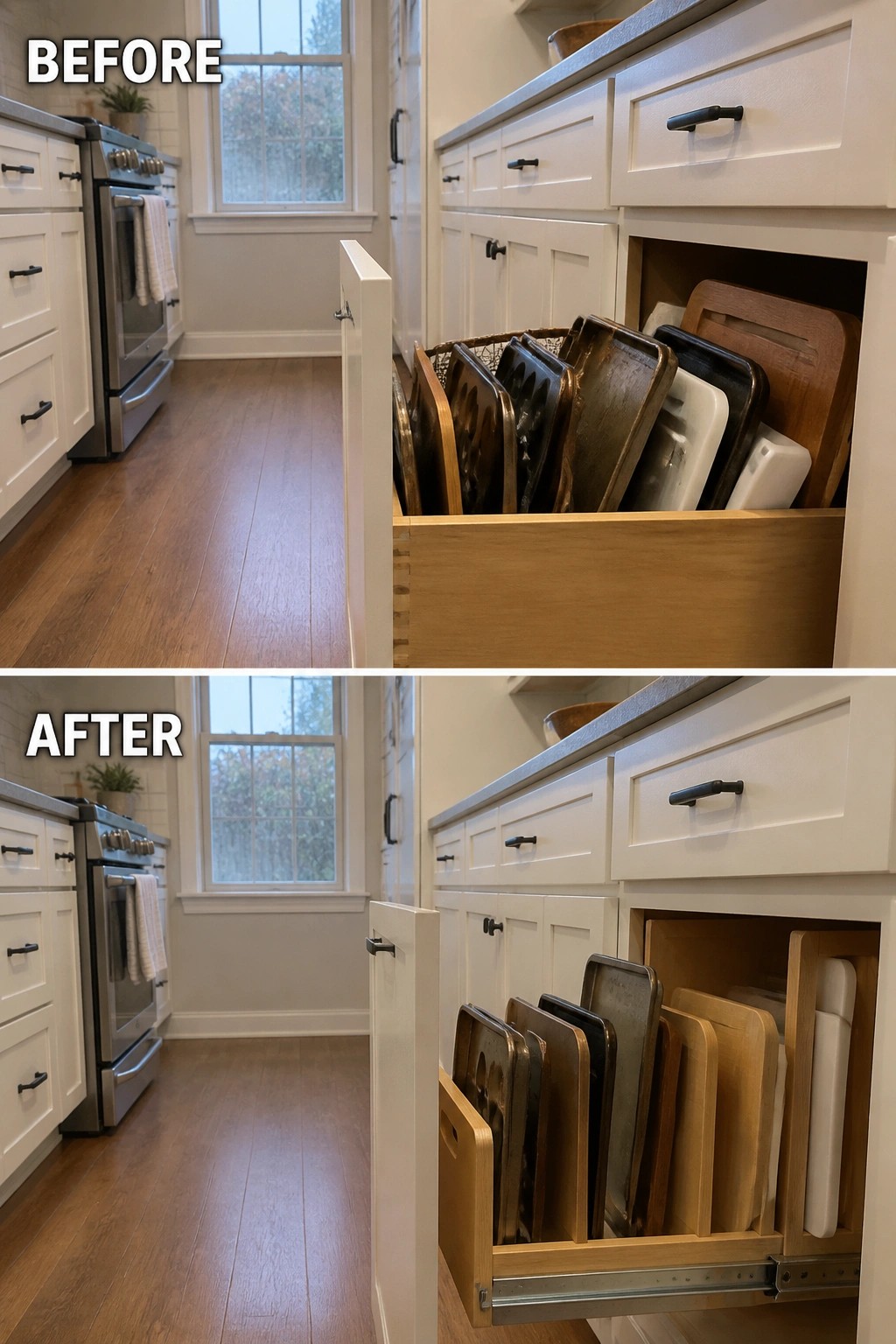 Before and after of cluttered versus organized kitchen drawer with baking sheets and boards.