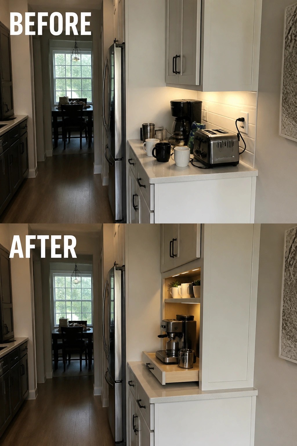 Before and after kitchen remodel with white cabinets, fridge, and coffee station.