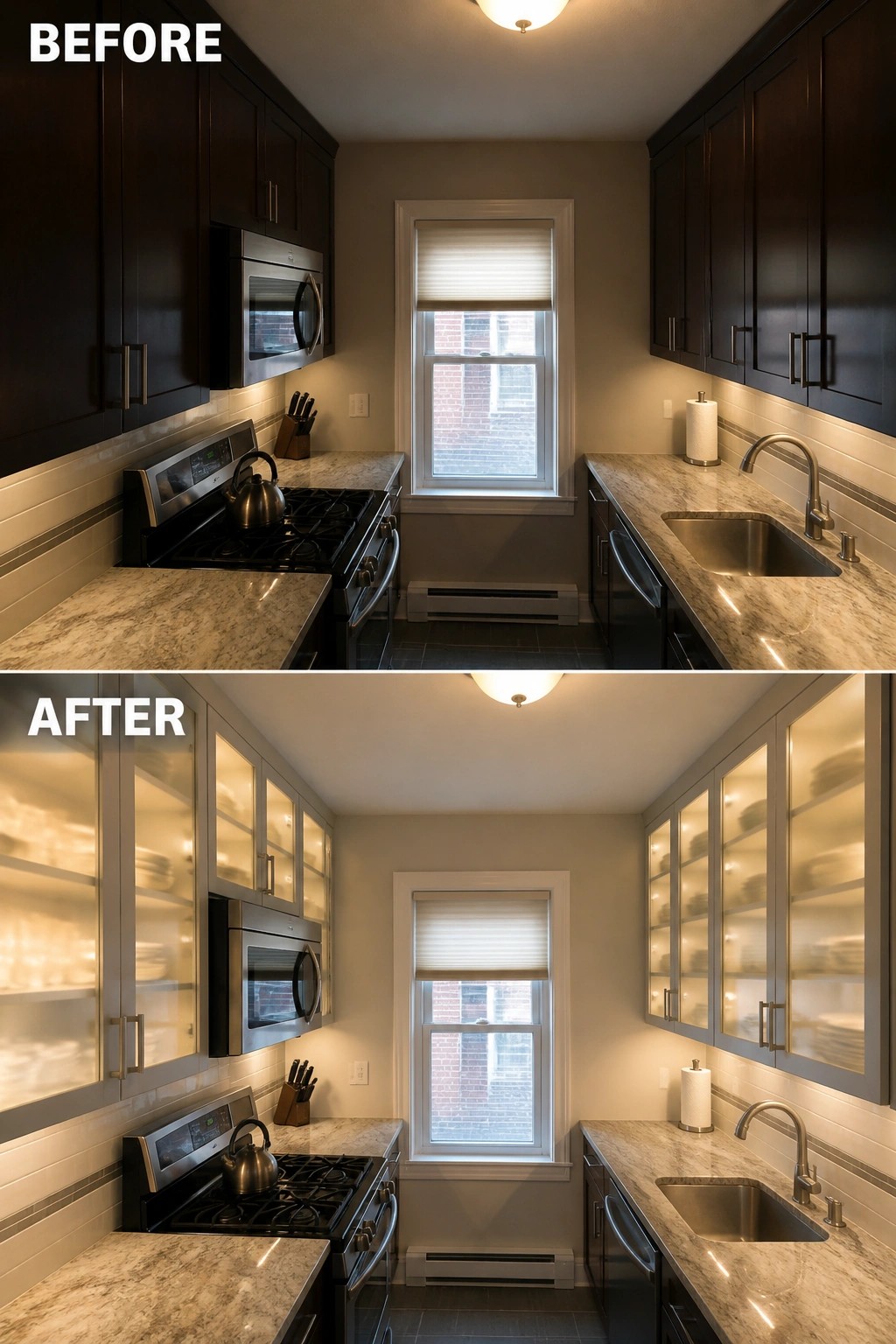 Before-and-after image of a dark galley kitchen updated with light gray glass-front cabinets and interior lighting.