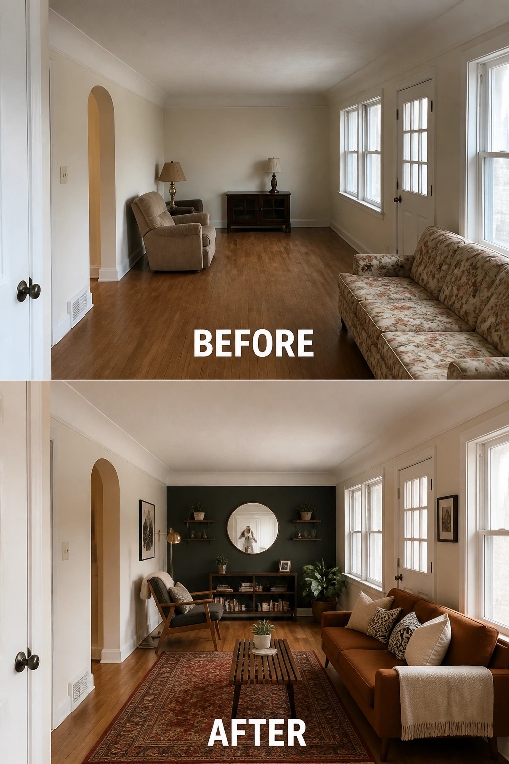Before-and-after image of a long narrow living room with plain walls changed by a dark accent wall, round mirror, shelves, and new furniture arrangement.