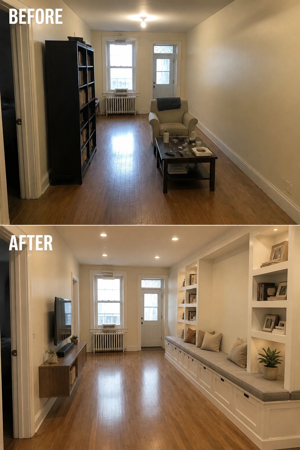 Before and after living room renovation with white built-in shelves, bench, and TV console