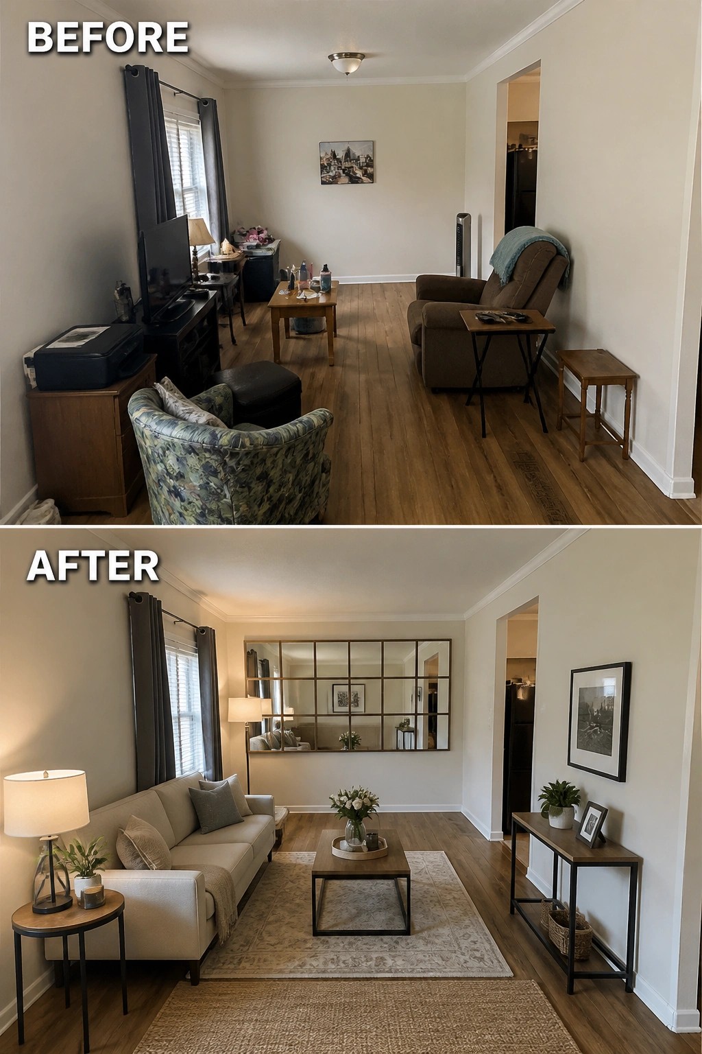 Before and after living room makeover with new sofa, rug, and decor.