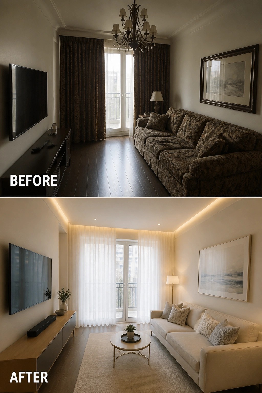 Before and after living room makeover from dark traditional to bright modern style.