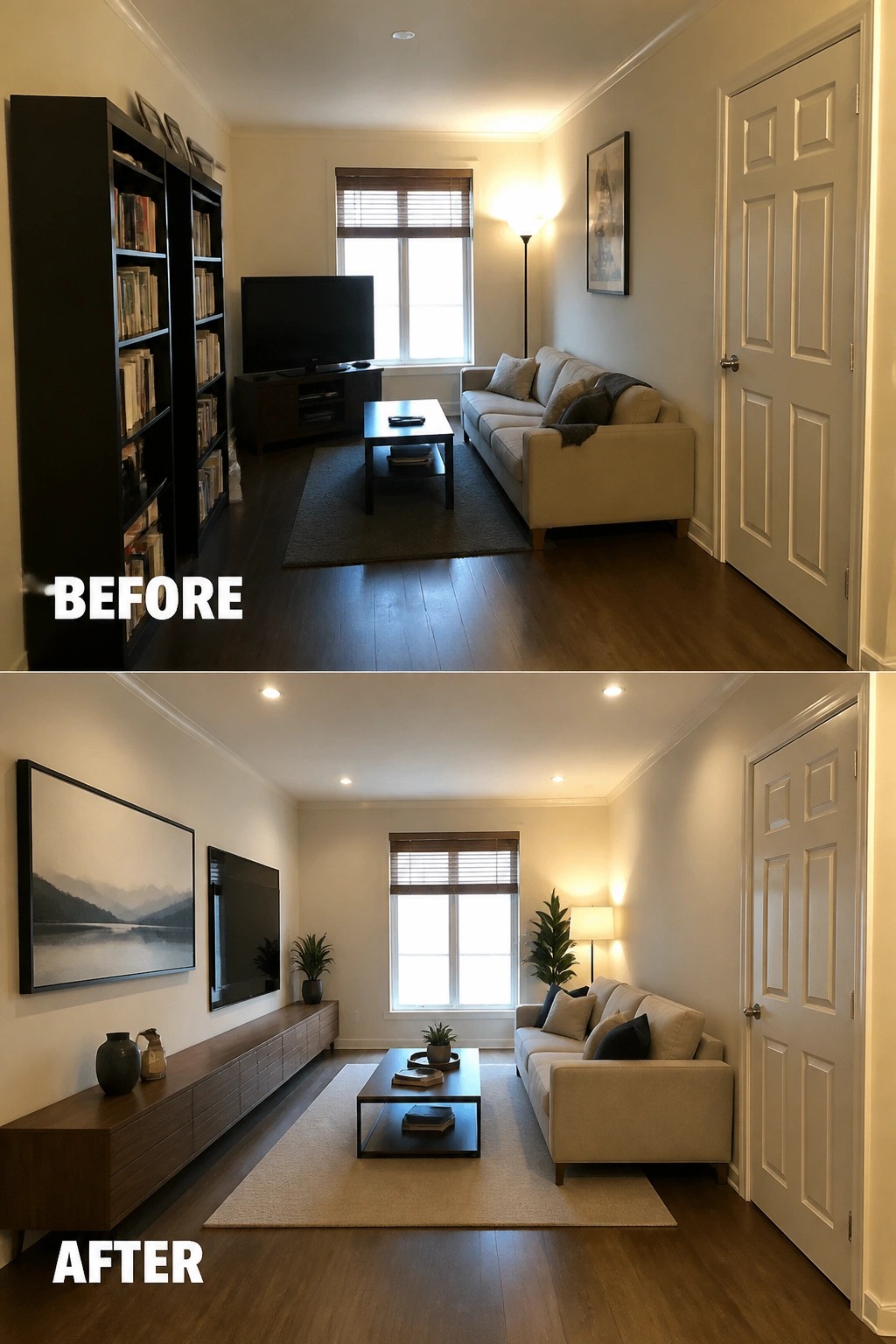 Before and after living room makeover with modern furniture, lighting, and minimalist decor.