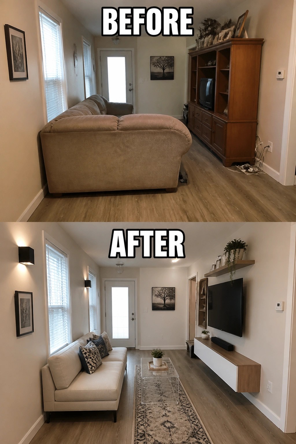 Before-and-after image of a long narrow living room where a bulky sectional and large entertainment center were replaced with a smaller sofa, wall-mounted TV, and runner rug.
