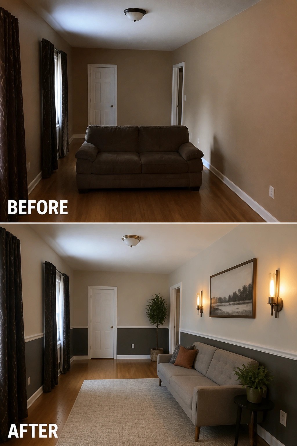 Before-and-after living room with brown sofa replaced by gray one, rug, sconces, and wainscoting.