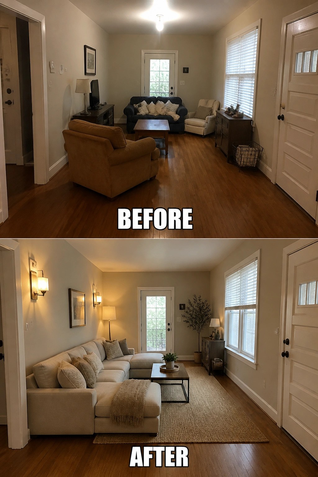 Before and after living room with blue sofa replaced by beige sectional