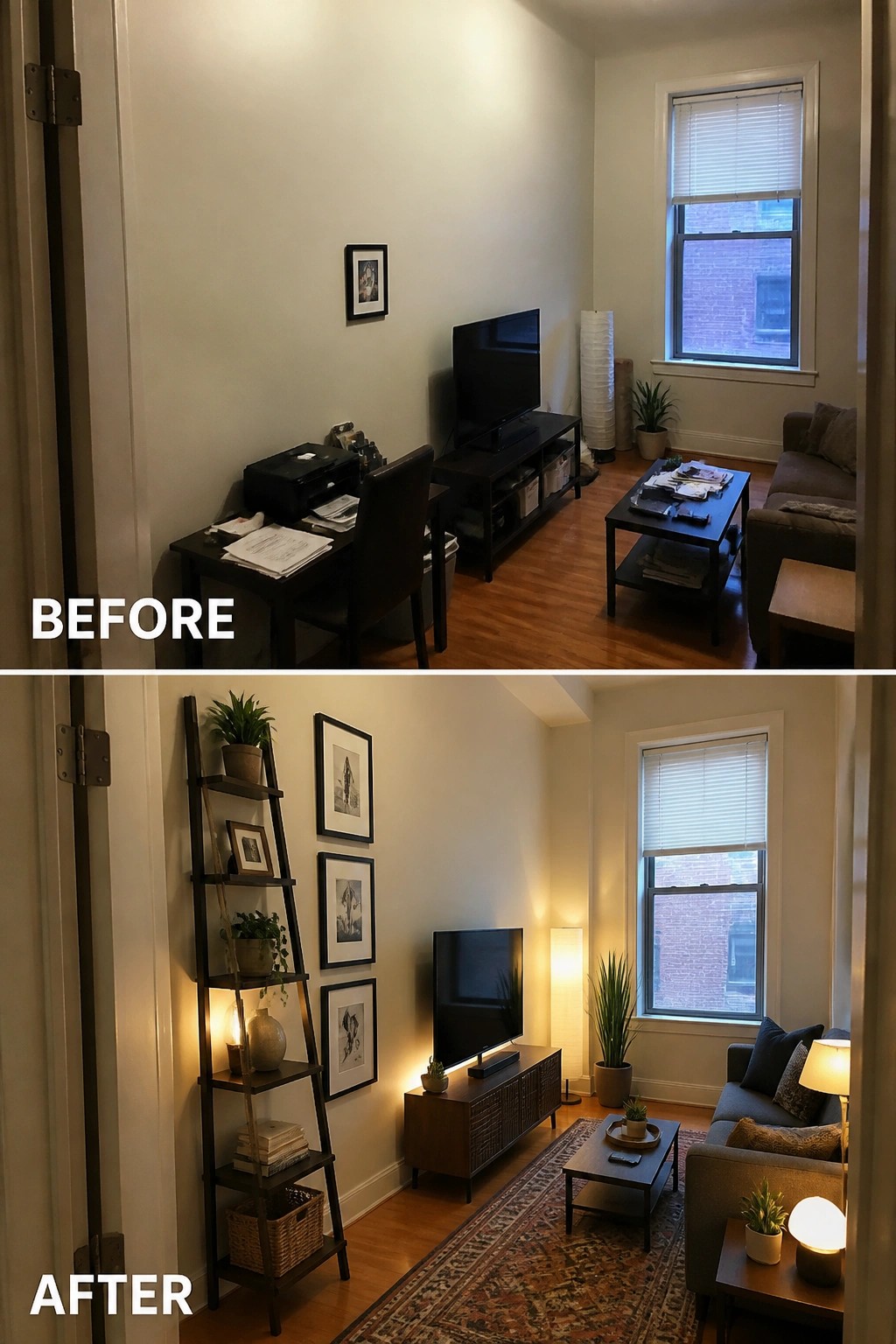 Before and after of a living room with new shelves, rug, plants, and lighting.
