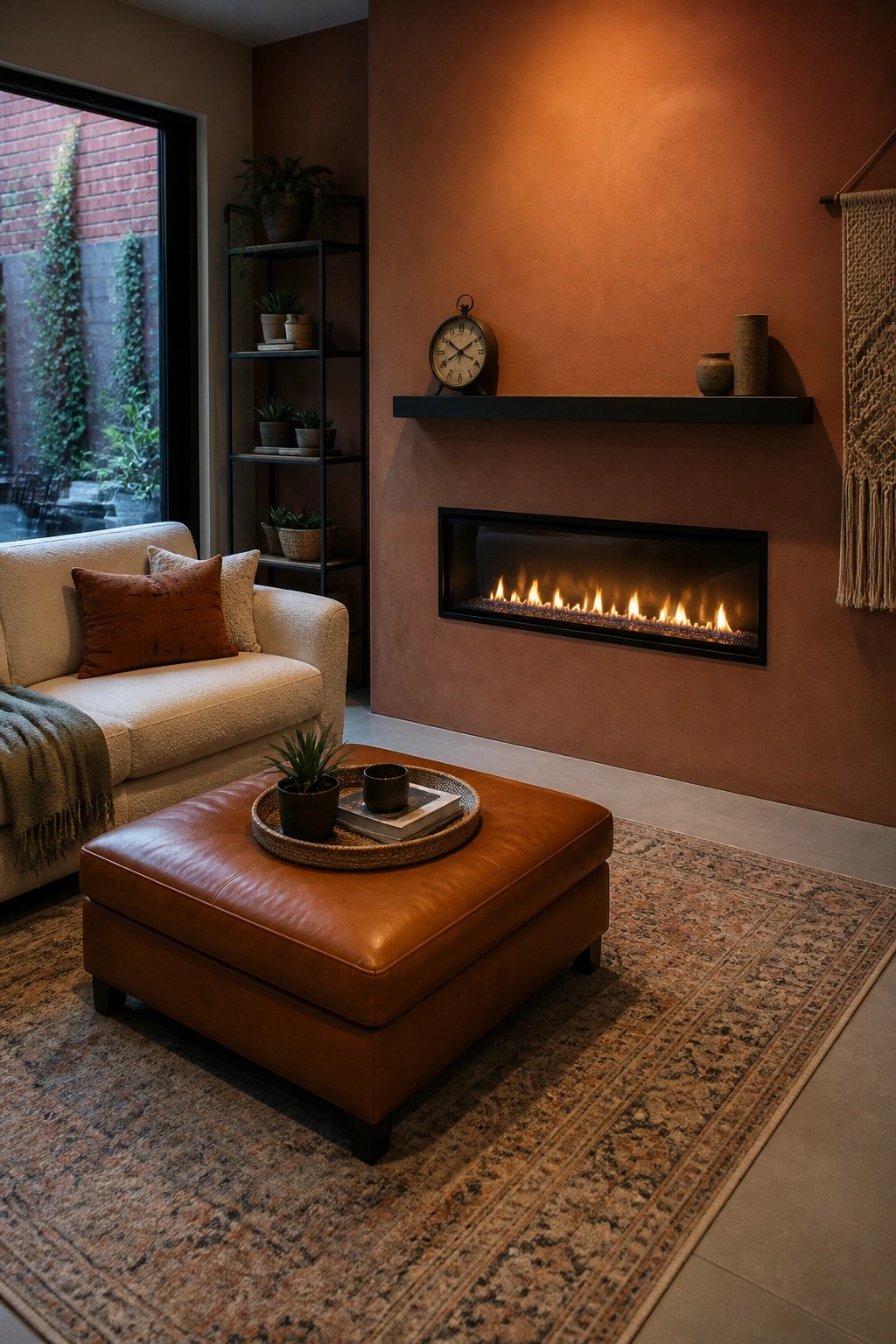 A living room featuring a long linear fireplace set into a terracotta wall above a patterned rug, with a brown leather ottoman and cream sofa nearby.