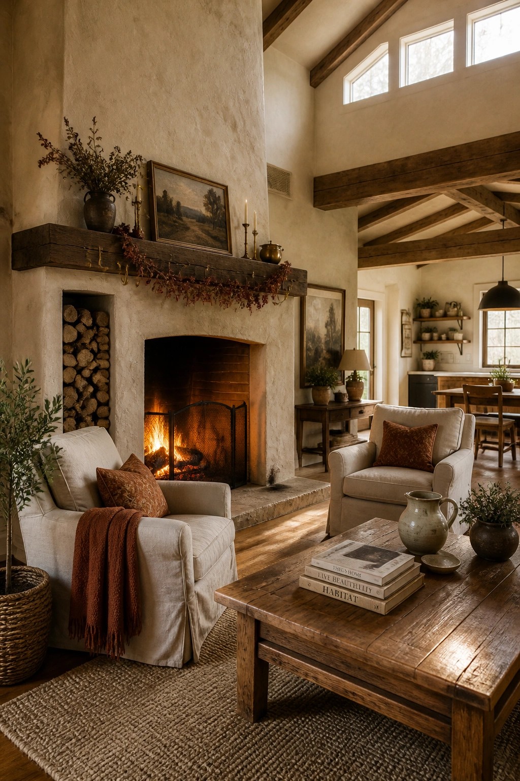 A living room centered on a large stone fireplace with a wooden mantel, two armchairs, a wooden coffee table, and a fire burning inside.