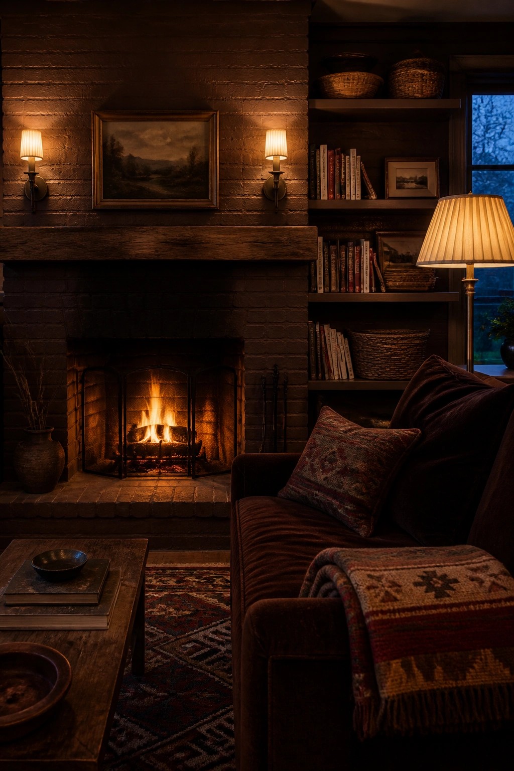 A brick fireplace with a fire burning inside, flanked by two lit wall sconces, next to built-in bookshelves and a brown sofa with a patterned pillow.