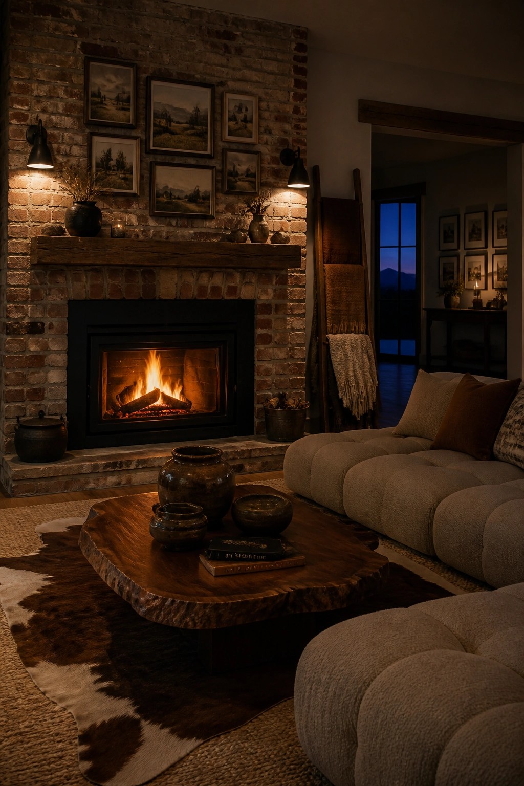 A brick fireplace with a dark wooden mantel in a living room, surrounded by pottery and a beige sectional sofa.