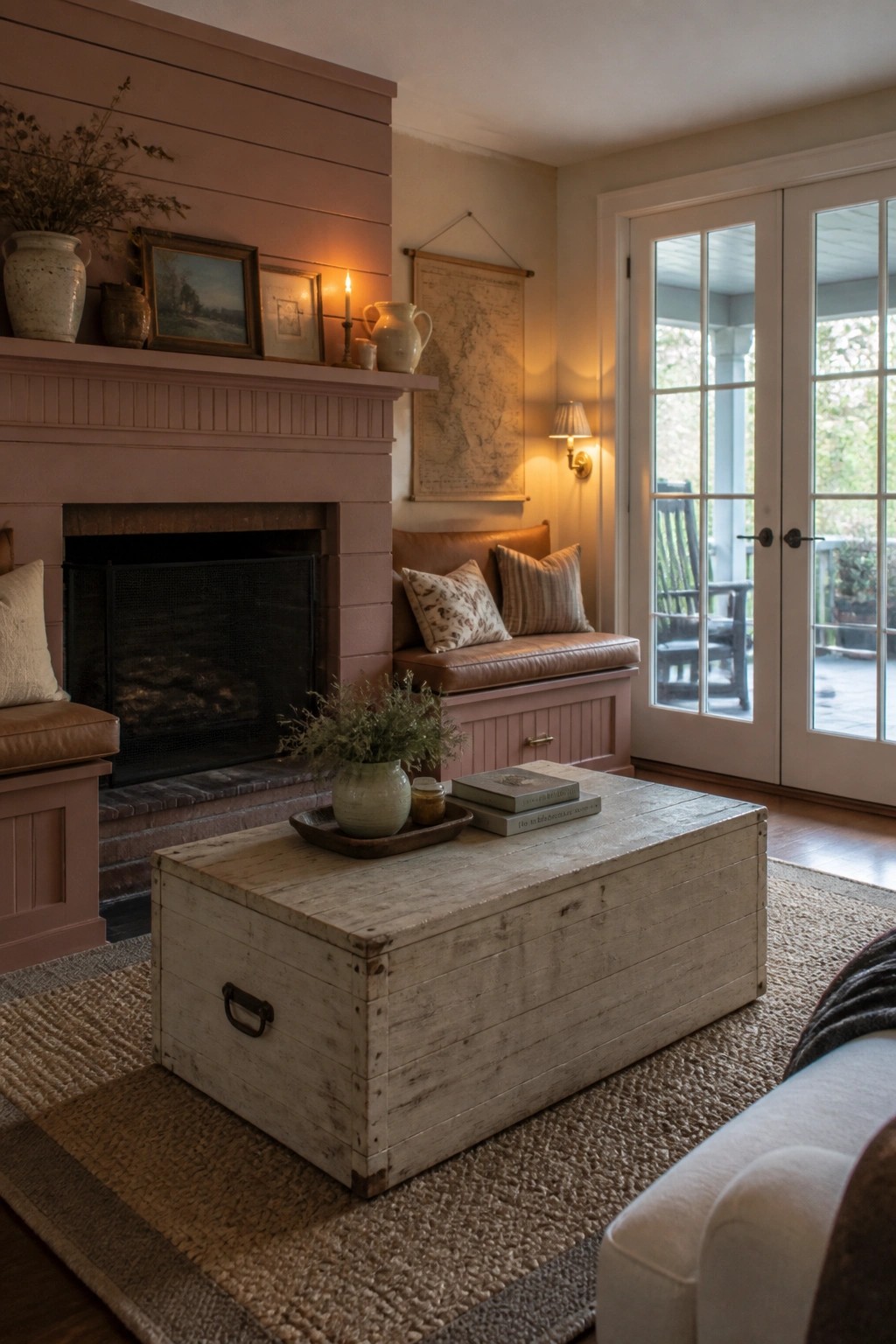 A living room featuring a pink fireplace with a built-in bench, rustic wooden trunk coffee table on a woven rug, and French doors leading outside.