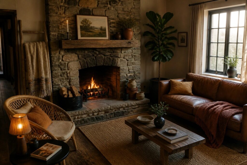 Cozy living room with lit stone fireplace, leather sofa, wicker chair, and sunlit plant.