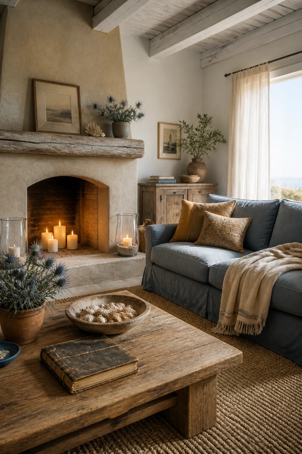 A rustic living room with a large stone fireplace, lit candles on the hearth, a blue sofa with warm-toned pillows, and a wooden coffee table on a woven rug.