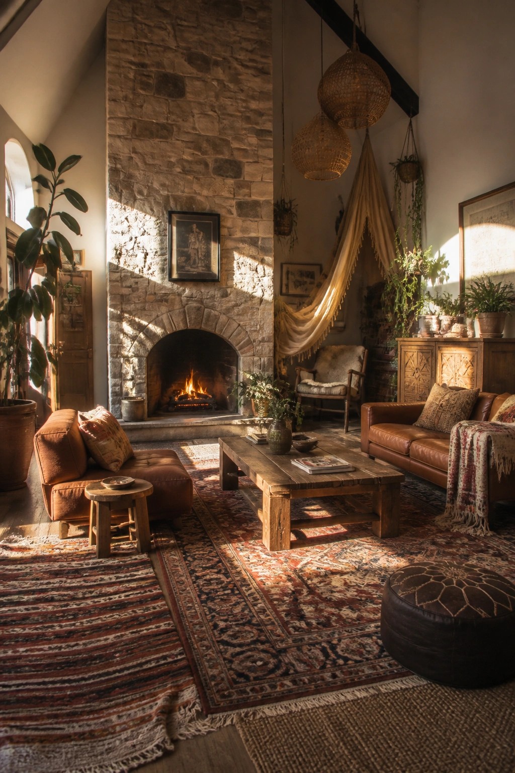A rustic living room centered on a large stone fireplace with layered patterned rugs, a brown leather sofa, a wooden coffee table, and woven pendant lights overhead.