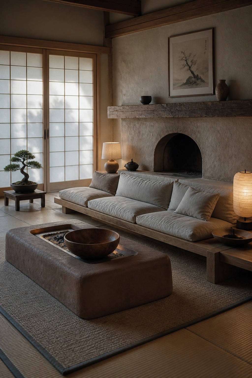 A low wooden sofa with beige cushions sits in front of a large plaster fireplace in a Japanese-style room with tatami mats and shoji screens.