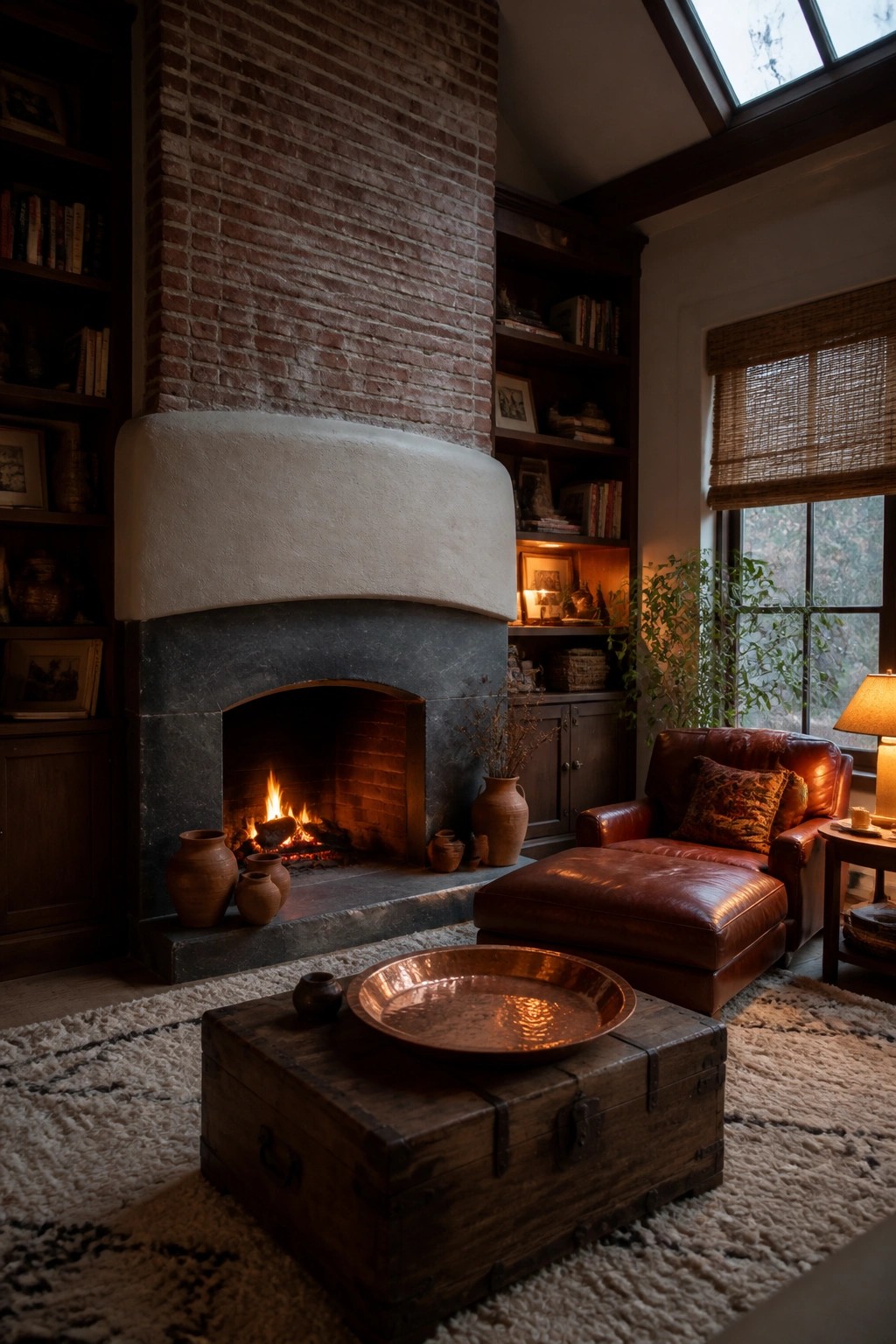 A rustic living room with a large brick fireplace topped by a curved plaster hood, a brown leather chair and ottoman, and a wooden trunk used as a coffee table on a textured rug.