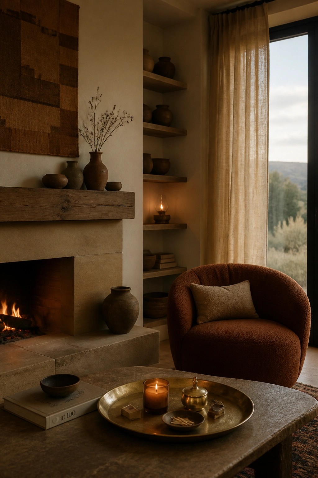 Cozy room with stone fireplace, rust armchair, pottery shelves, brass tray, and lit candle.