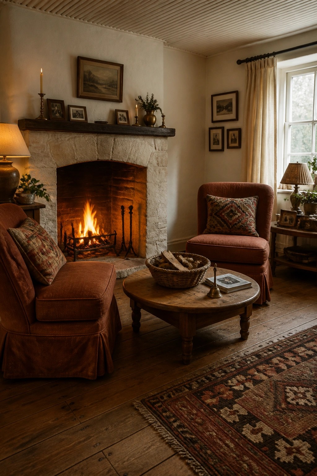 A rustic living room featuring a large stone fireplace with a fire burning, two rust-colored armchairs facing it, and a round wooden coffee table on a patterned rug.
