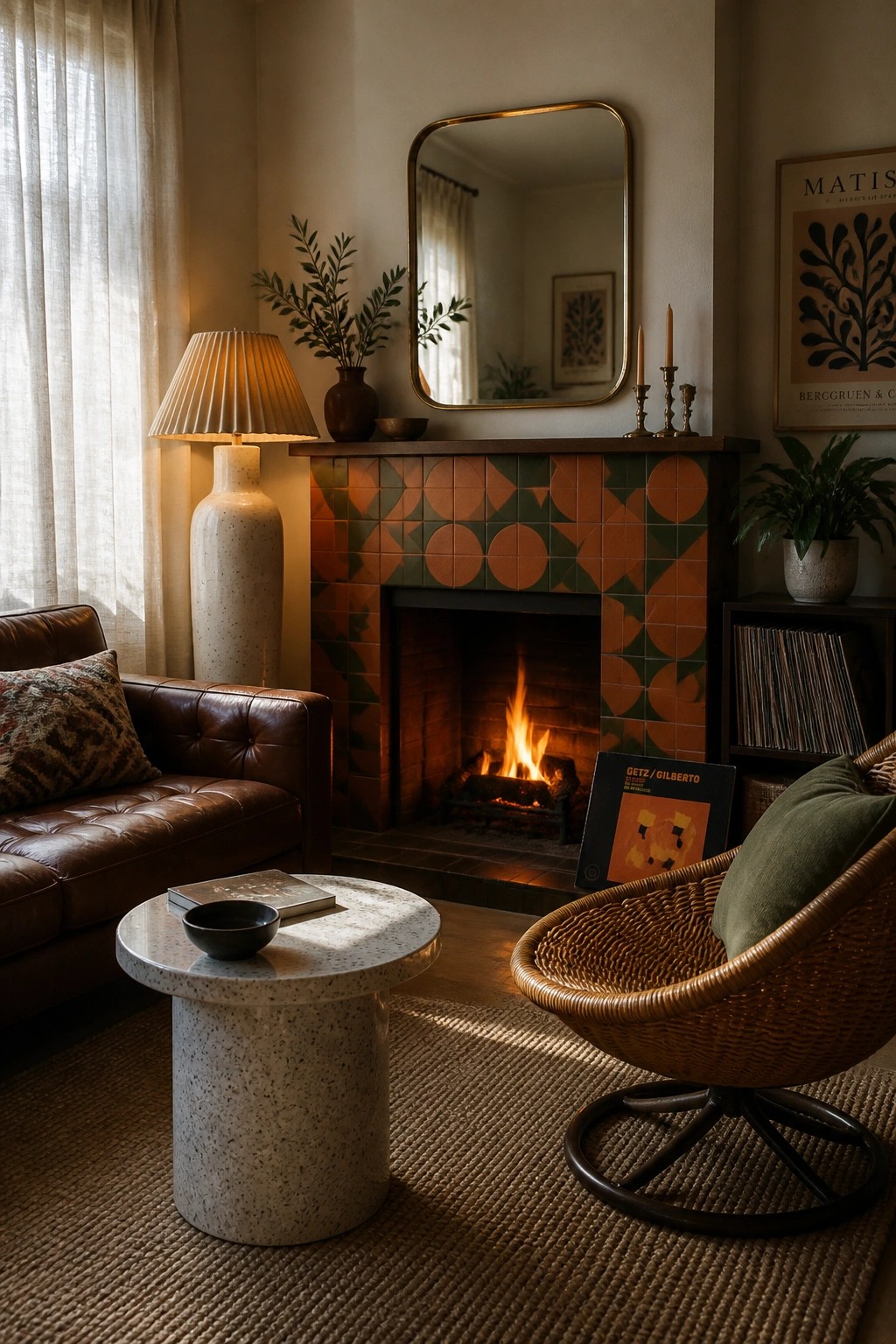 A living room featuring a fireplace with a geometric patterned tile surround in orange and green, a lit fire, brown leather sofa, woven chair, and round coffee table on a jute rug.