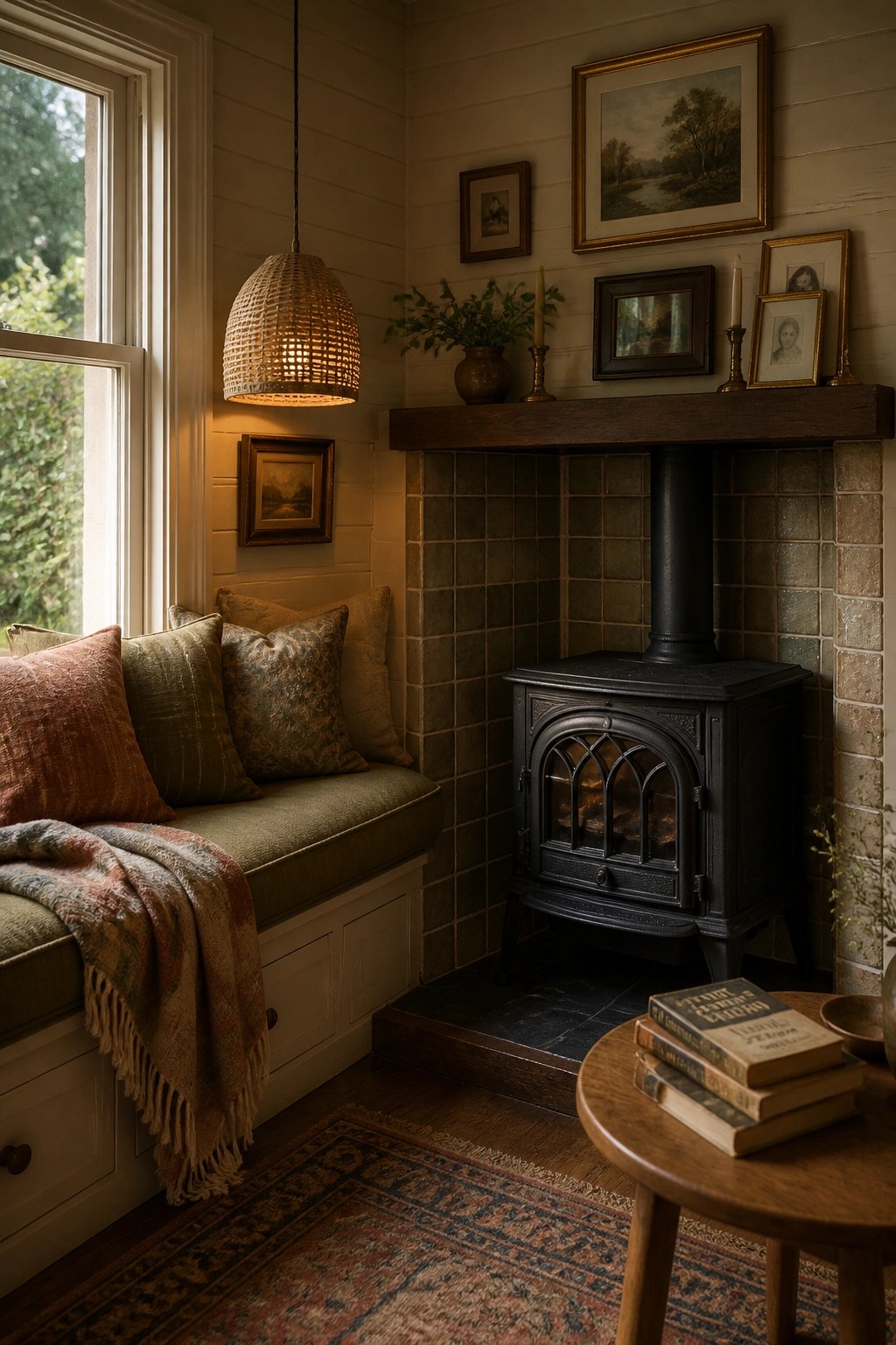 A rustic interior corner with a black wood stove on a tiled hearth next to a green cushioned window seat with pillows and a throw blanket, under a woven pendant light.